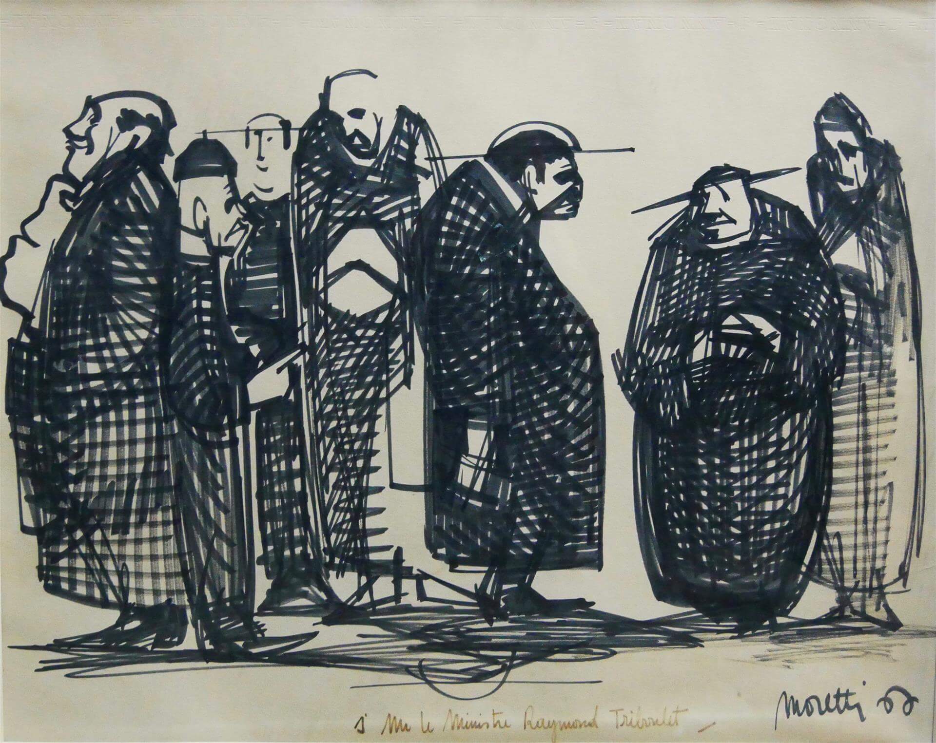 Raymond MORETTI (1931-2005) Réunion de notables et ecclésiastiques Dessin au feutre sur papier